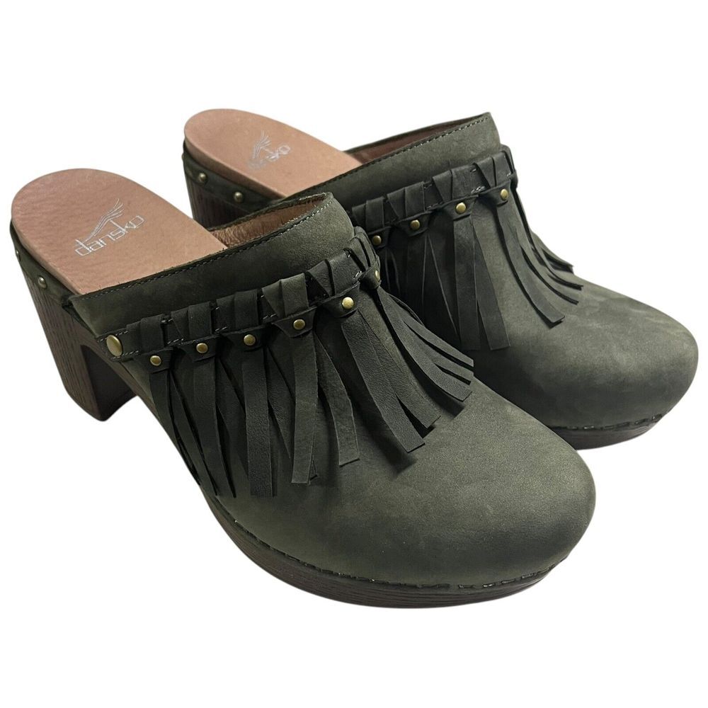 Dansko Deni Mule Clog 39 8.5 Green Suede Fringe‎ Block Heel Platform GORGEOUS!